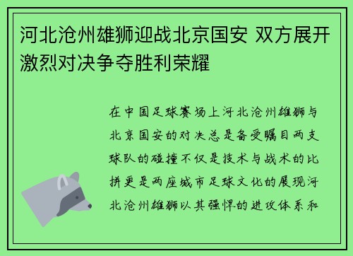 河北沧州雄狮迎战北京国安 双方展开激烈对决争夺胜利荣耀
