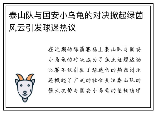 泰山队与国安小乌龟的对决掀起绿茵风云引发球迷热议